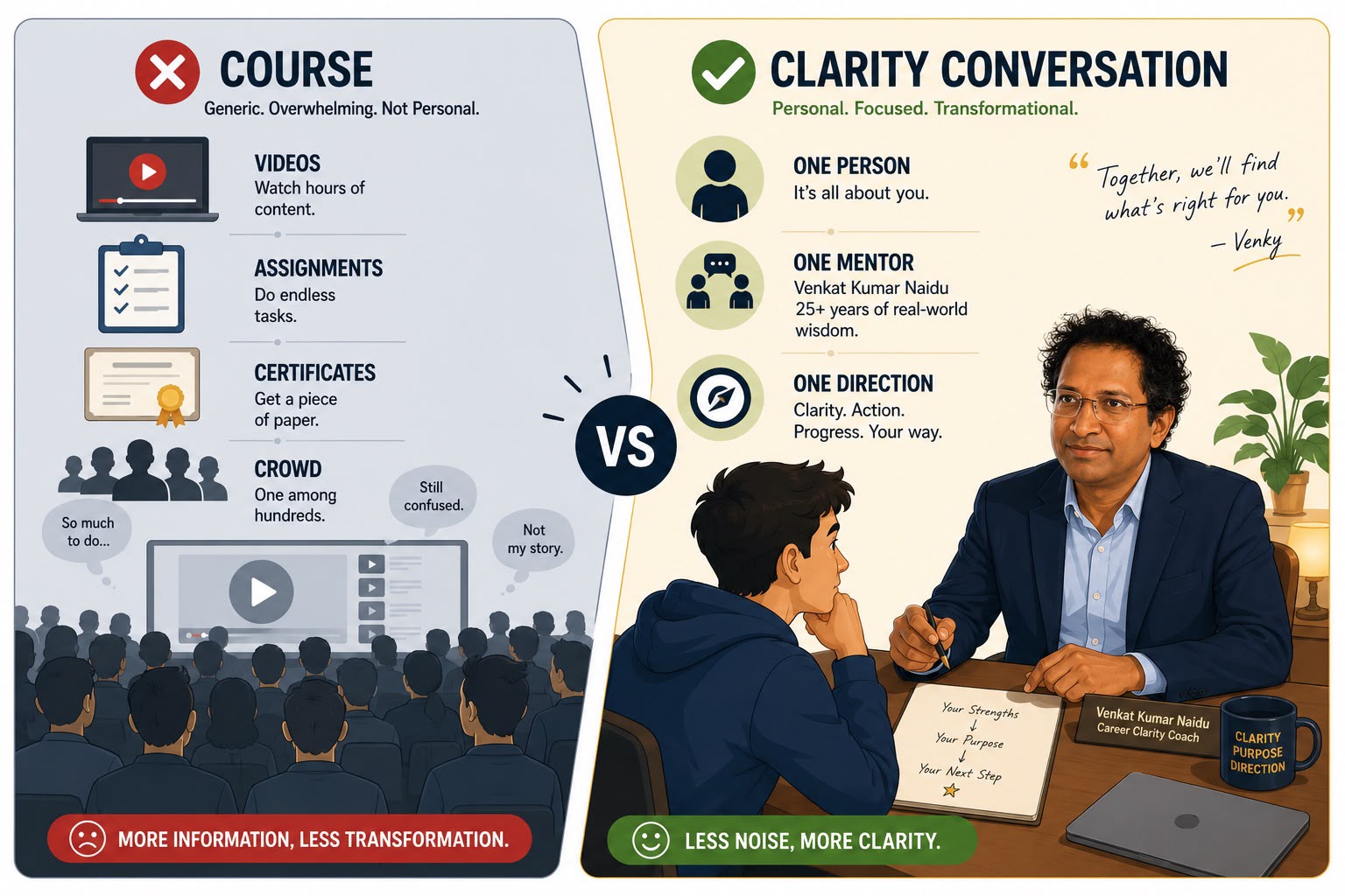 Course vs Clarity Conversation — generic and overwhelming vs personal, focused, transformational