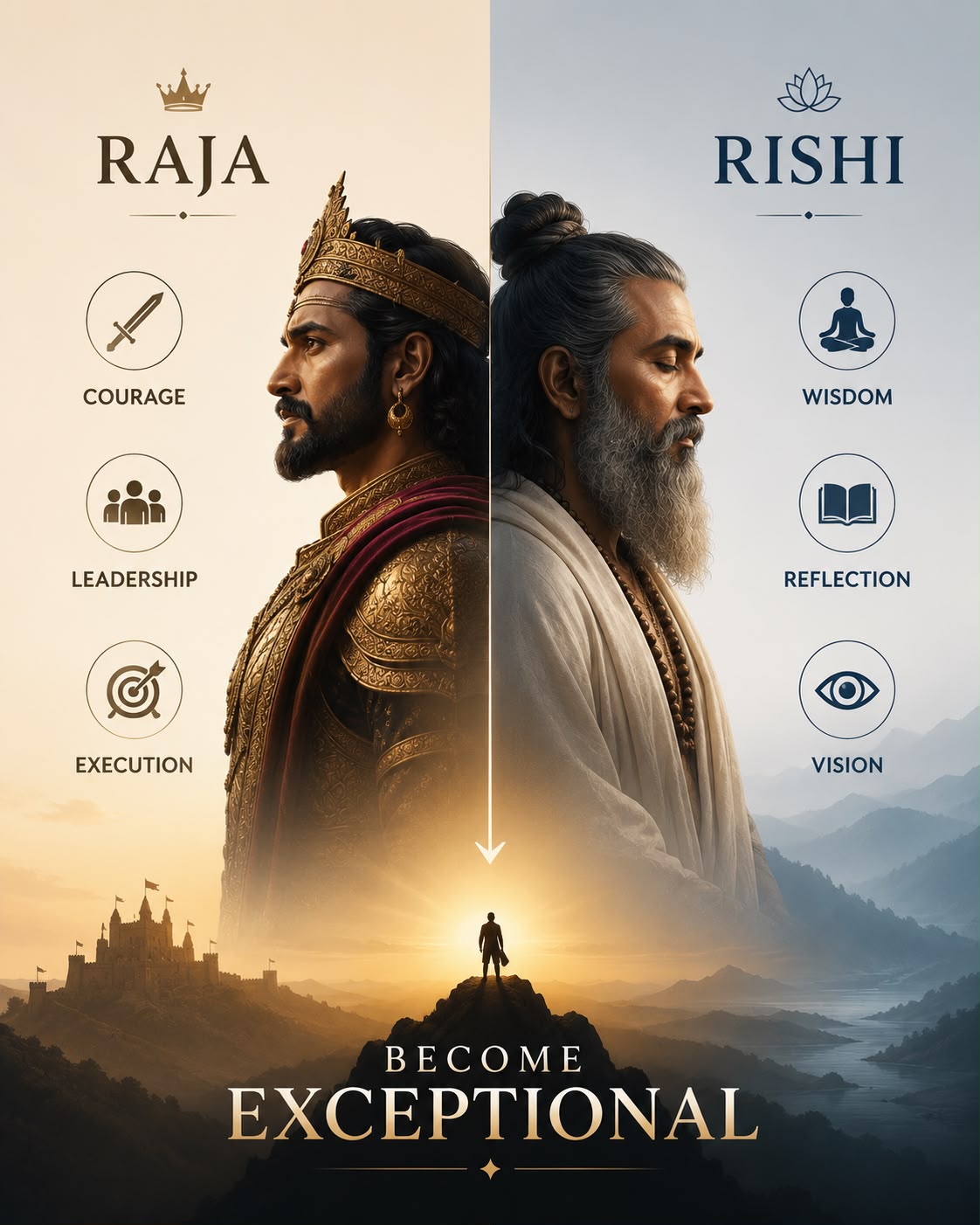 Raja — Courage, Leadership, Execution. Rishi — Wisdom, Reflection, Vision. Become Exceptional.
