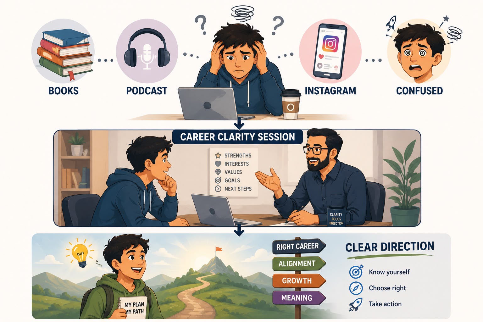 From confusion — books, podcasts, Instagram — to a Career Clarity Session to clear direction