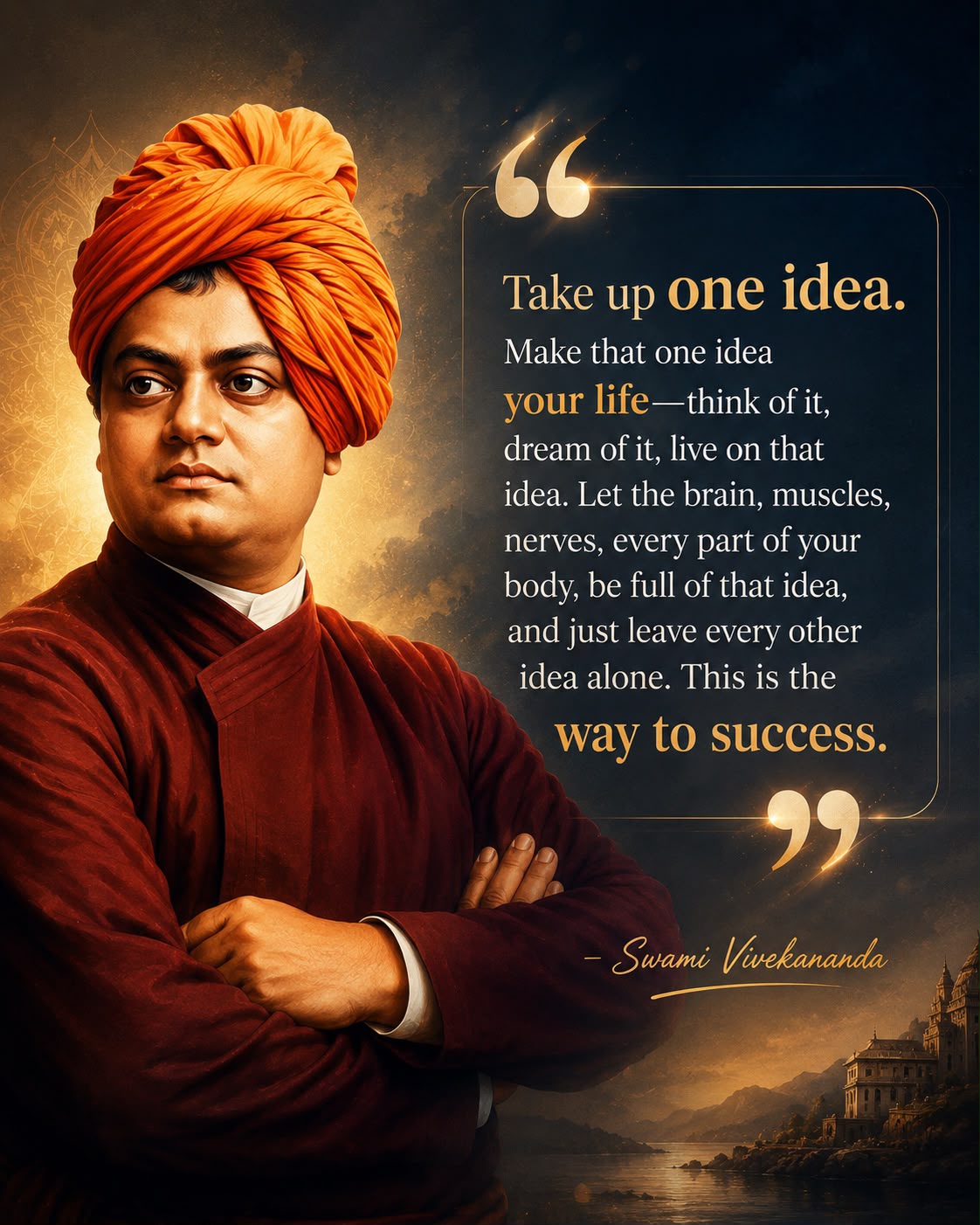 Take up one idea. Make that one idea your life — think of it, dream of it, live on that idea. Let the brain, muscles, nerves, every part of your body, be full of that idea, and just leave every other idea alone. This is the way to success. — Swami Vivekananda